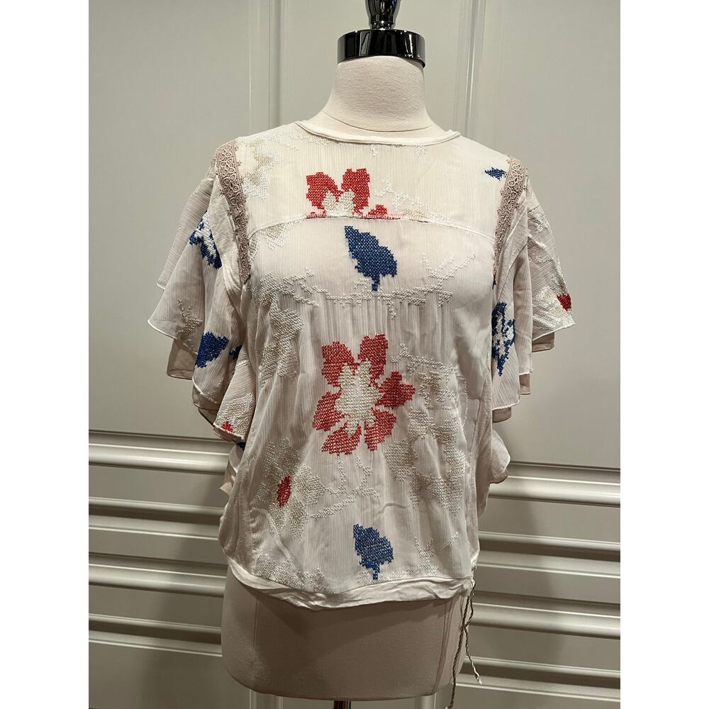 TINY from Anthropologie flutter sleeve embroidered floral cream top XS A582